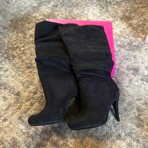 Shoe Dazzle Black Heeled Boots with Suede Texture